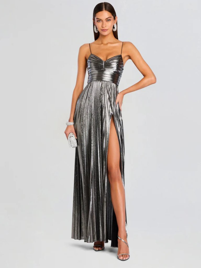 Retrofte Cherith Dress Pewter Metallic Wrap Bodice Gown Brand New